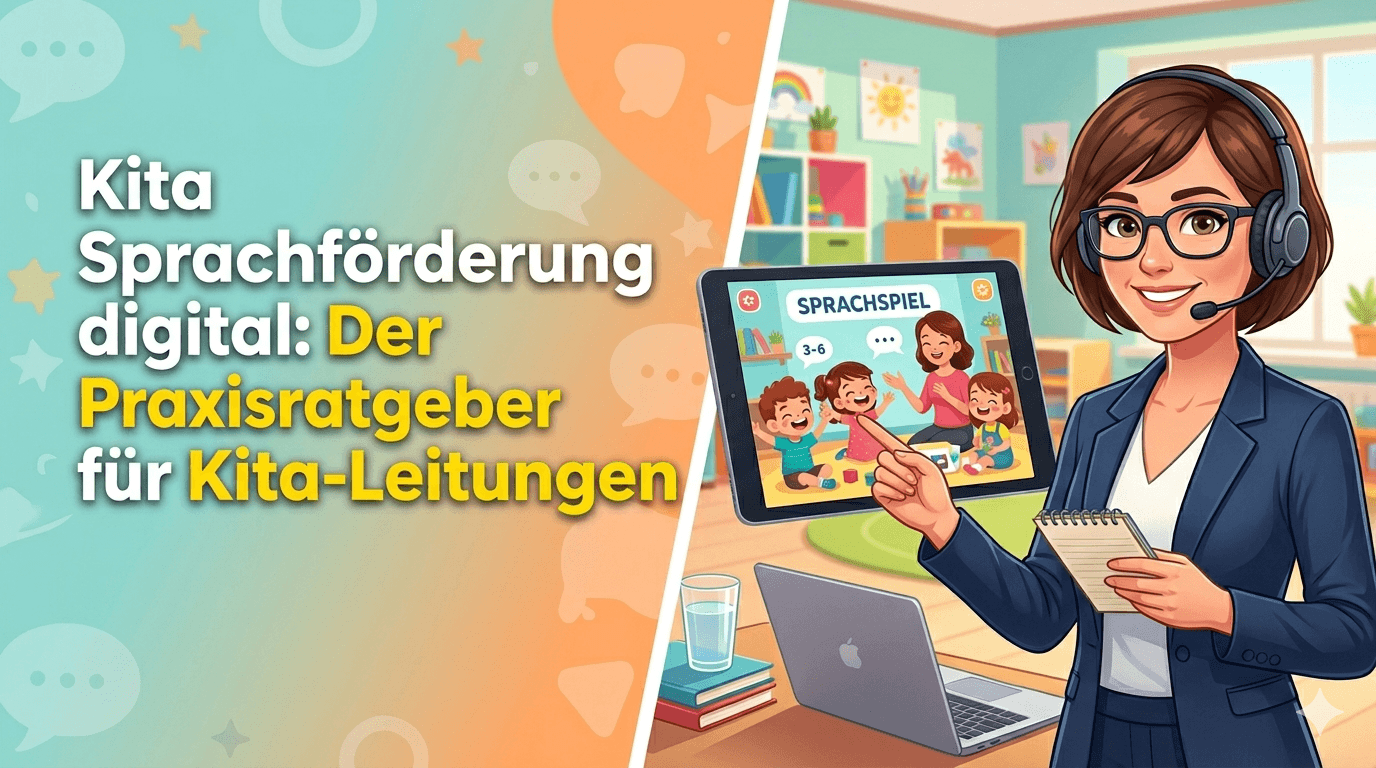 Erzieherin und Kind nutzen gemeinsam ein Tablet