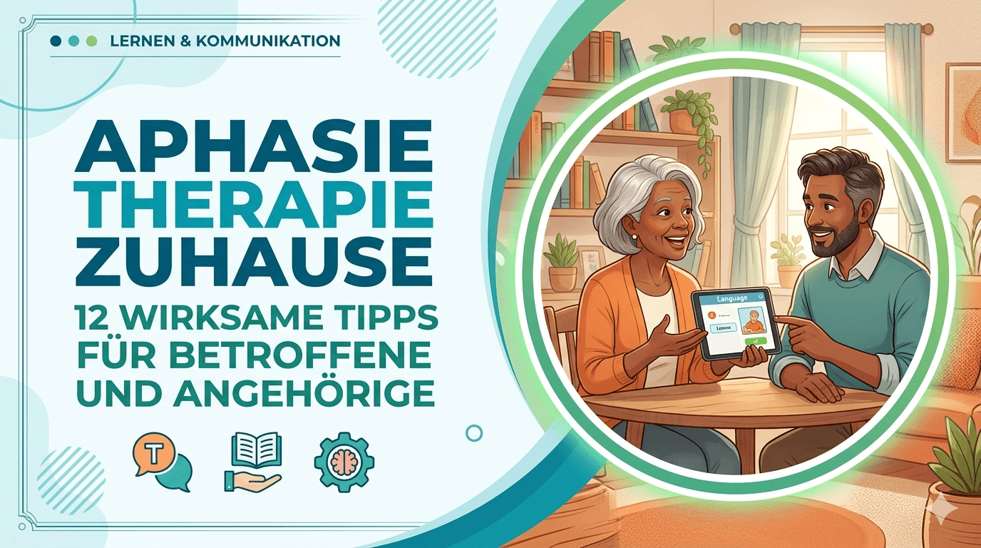 Paar trainiert gemeinsam Aphasie-Übungen am Tablet zuhause