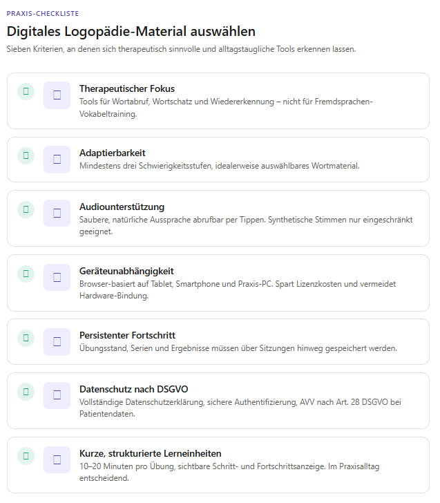 Checkliste mit sieben Kriterien für die Auswahl digitaler Therapiematerialien