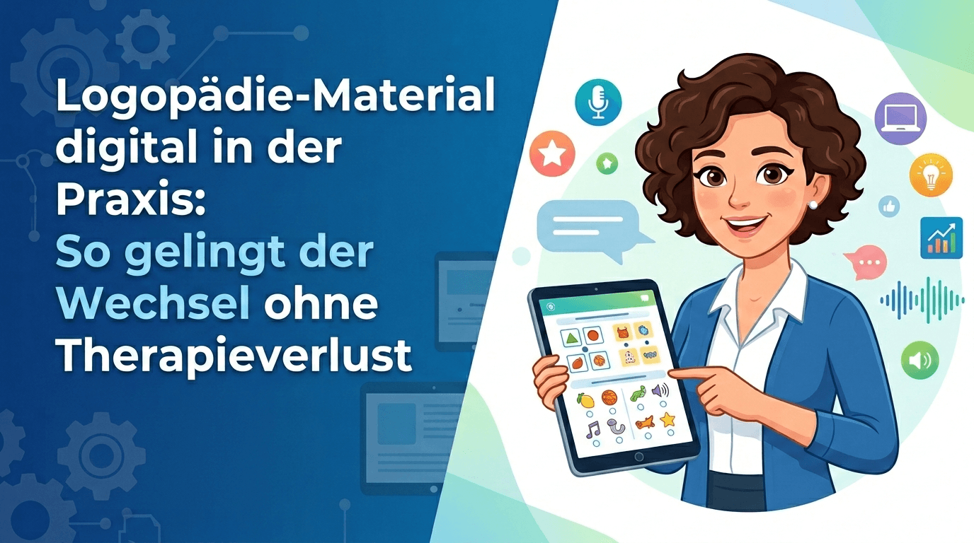 Logopädin nutzt digitales Therapiematerial auf dem Tablet in der Praxis