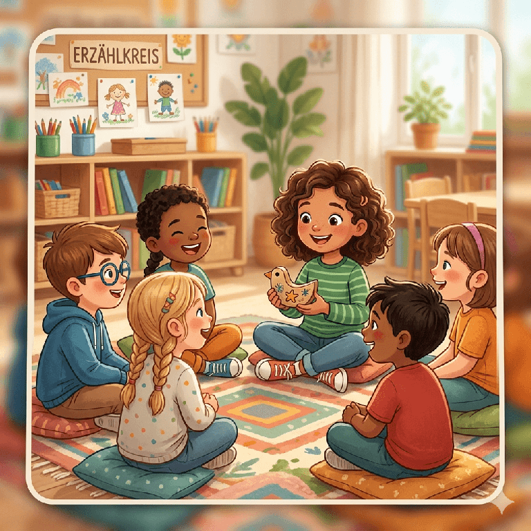 Kinder im Kindergarten spielen die Geschichtenkette