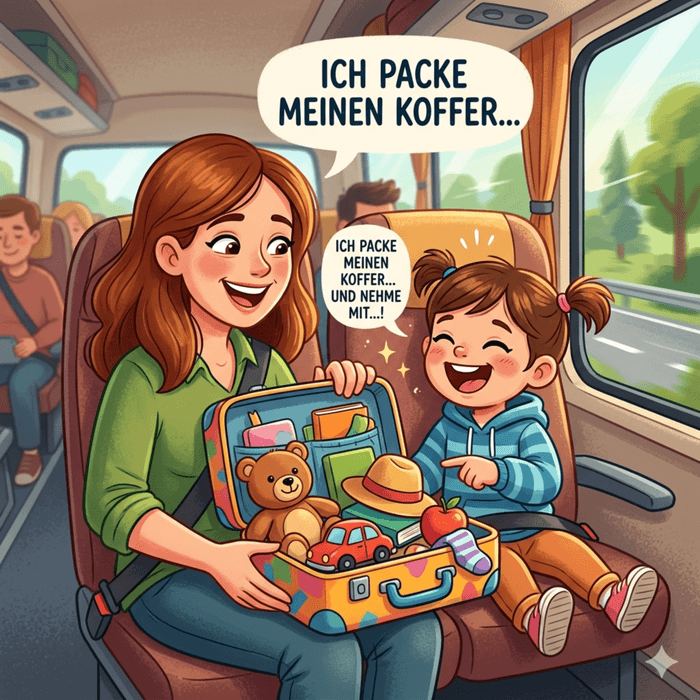 Eltern spielen mit ihrem Kind unterwegs ein kostenloses Sprachspiel zur Wortschatzförderung
