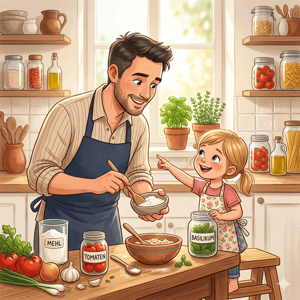 Vater und Kind beim Kochen alltagsintegrierte Sprachförderung für Kleinkinder