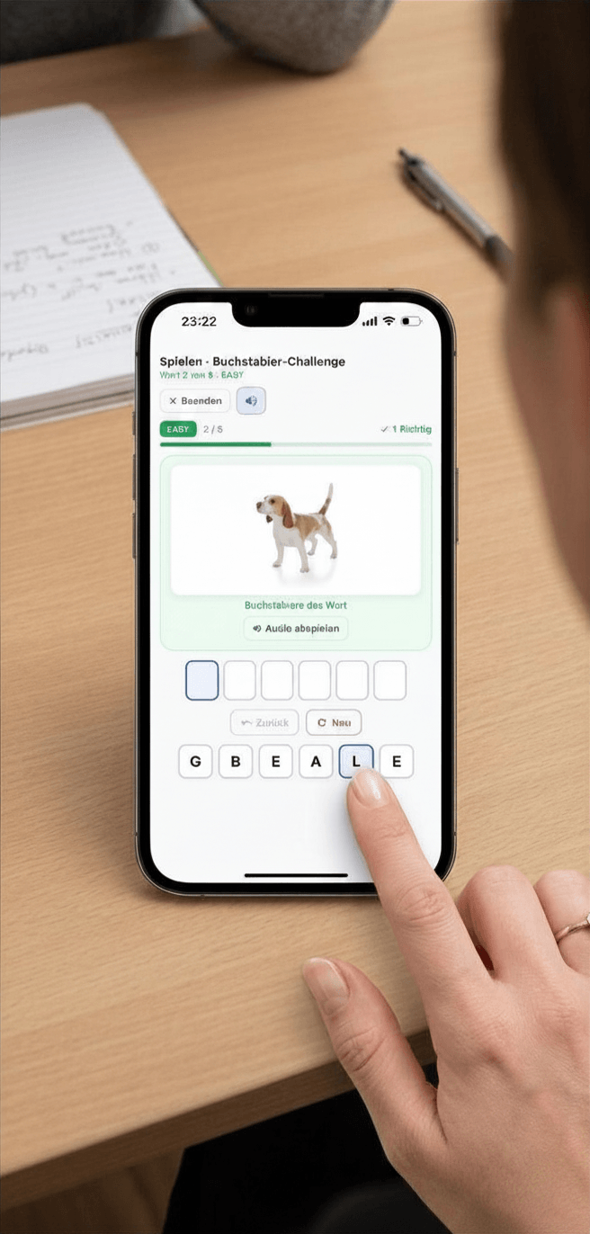 Buchstabier-Challenge der Lautkleckse App