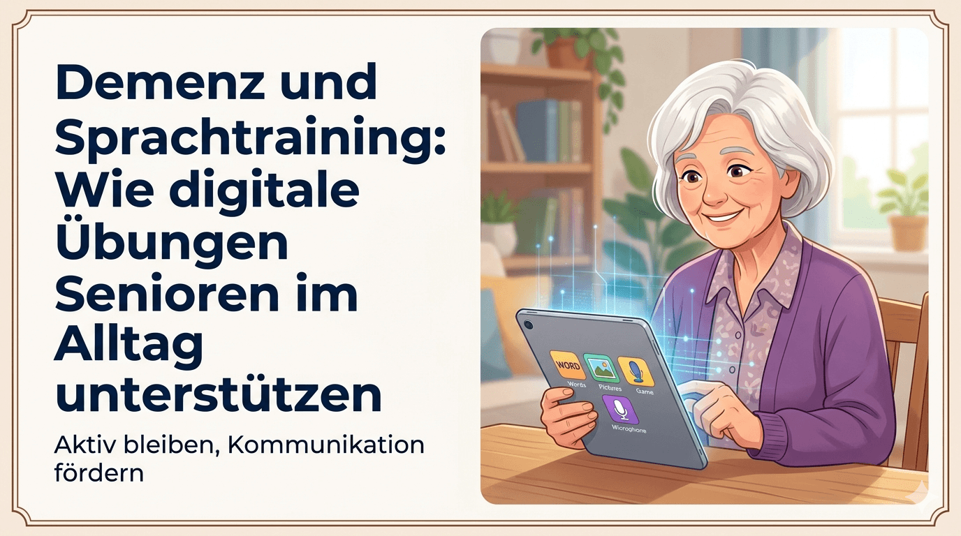 Seniorin trainiert mit einer Sprach-App auf dem Tablet