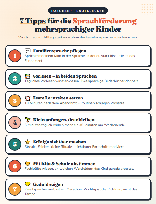 Infografik mit 7 Tipps für die Sprachförderung mehrsprachiger Kinder im Alltag