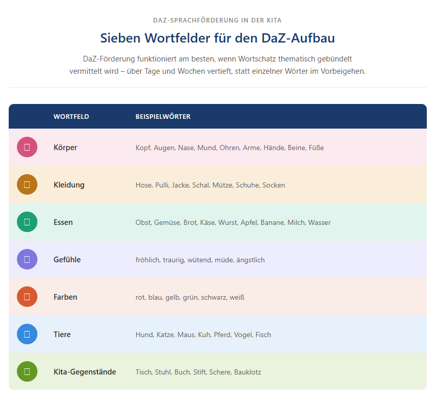Wortfelder DaZ Kita Beispiele Tabelle