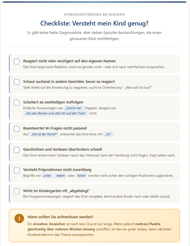 Checkliste Warnzeichen Sprachverständnis Kind